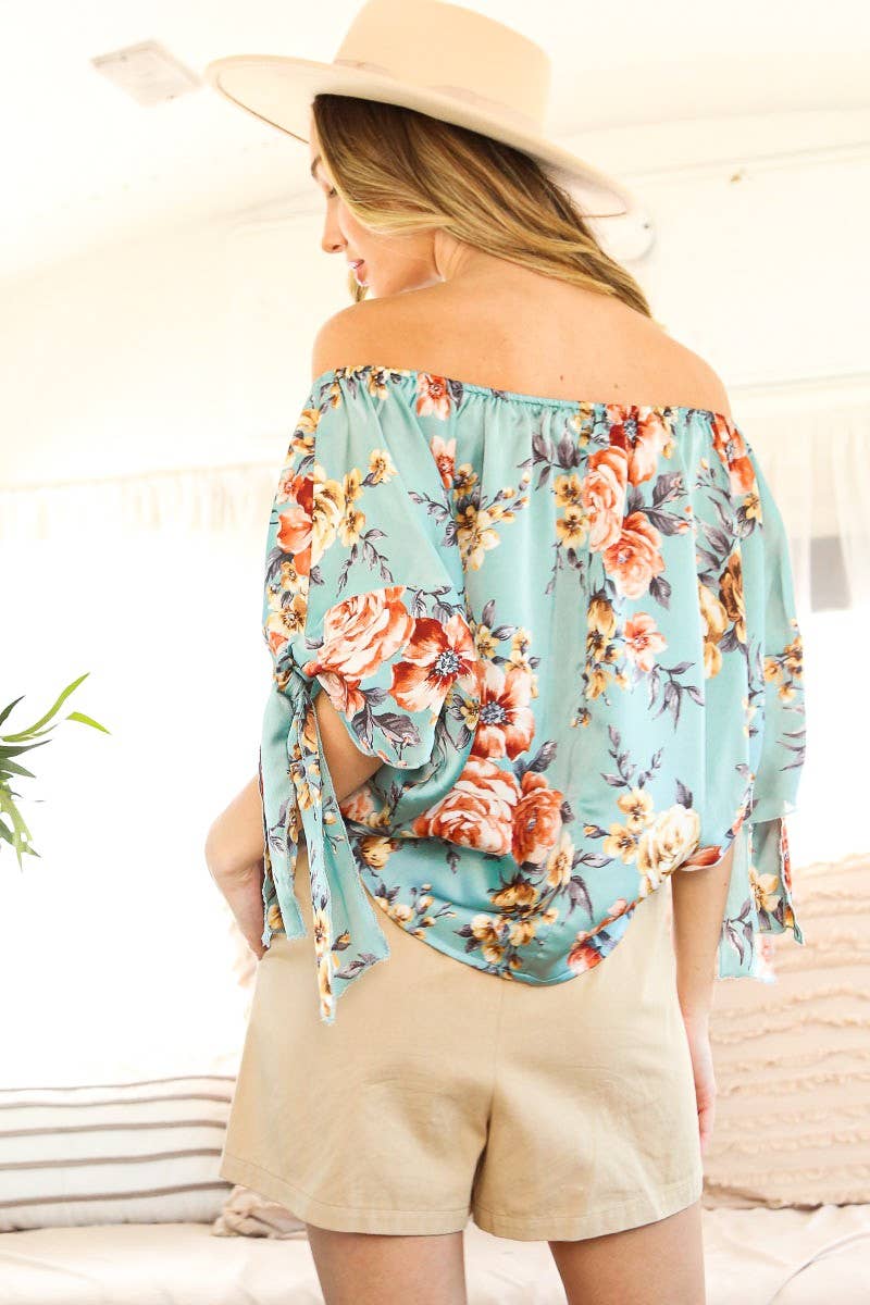 NATASHA - Floral Off The Shoulder Satin Blouse Top