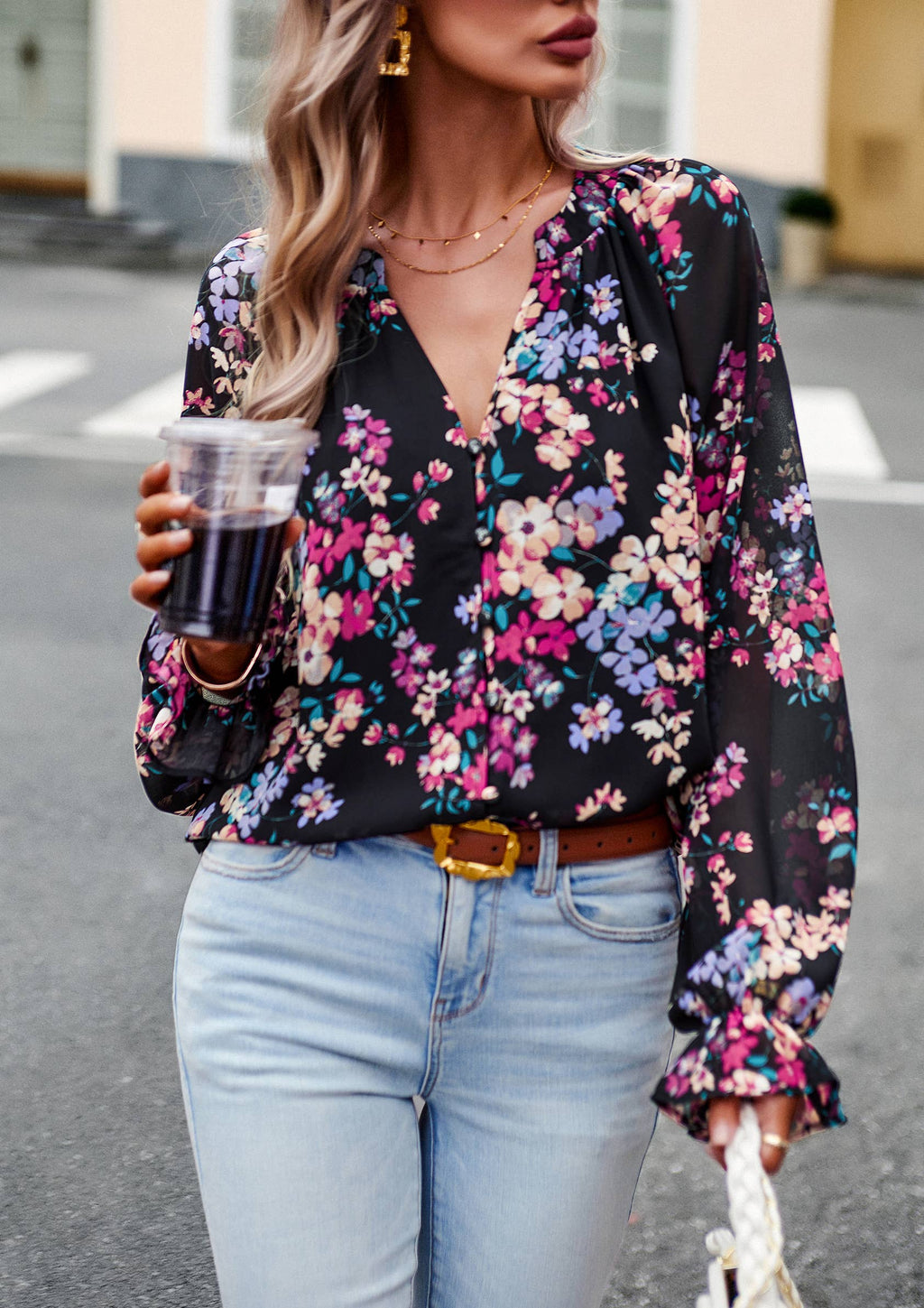 Nancy - Floral Button Down Long Sleeve Blouse