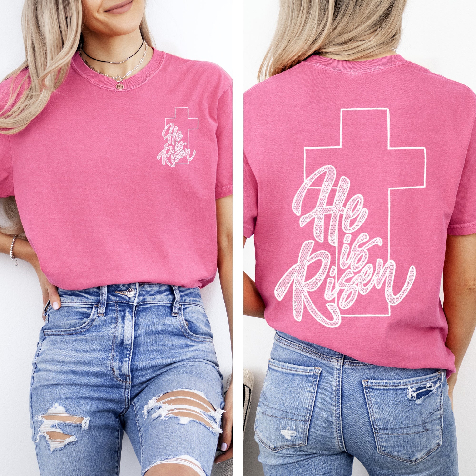 He Is Risen, Faux Lace, Girly, Cross, Coquette, Christian, Jesus, Gospel, Faith, Saved Tshirt Comfort Colors T-Shirt