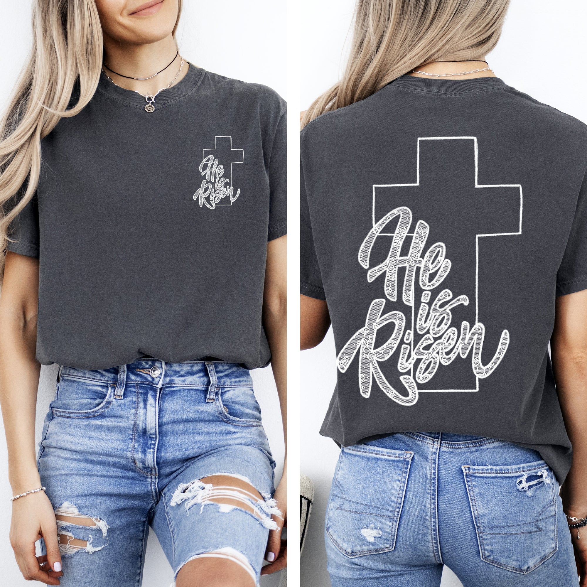 He Is Risen, Faux Lace, Girly, Cross, Coquette, Christian, Jesus, Gospel, Faith, Saved Tshirt Comfort Colors T-Shirt