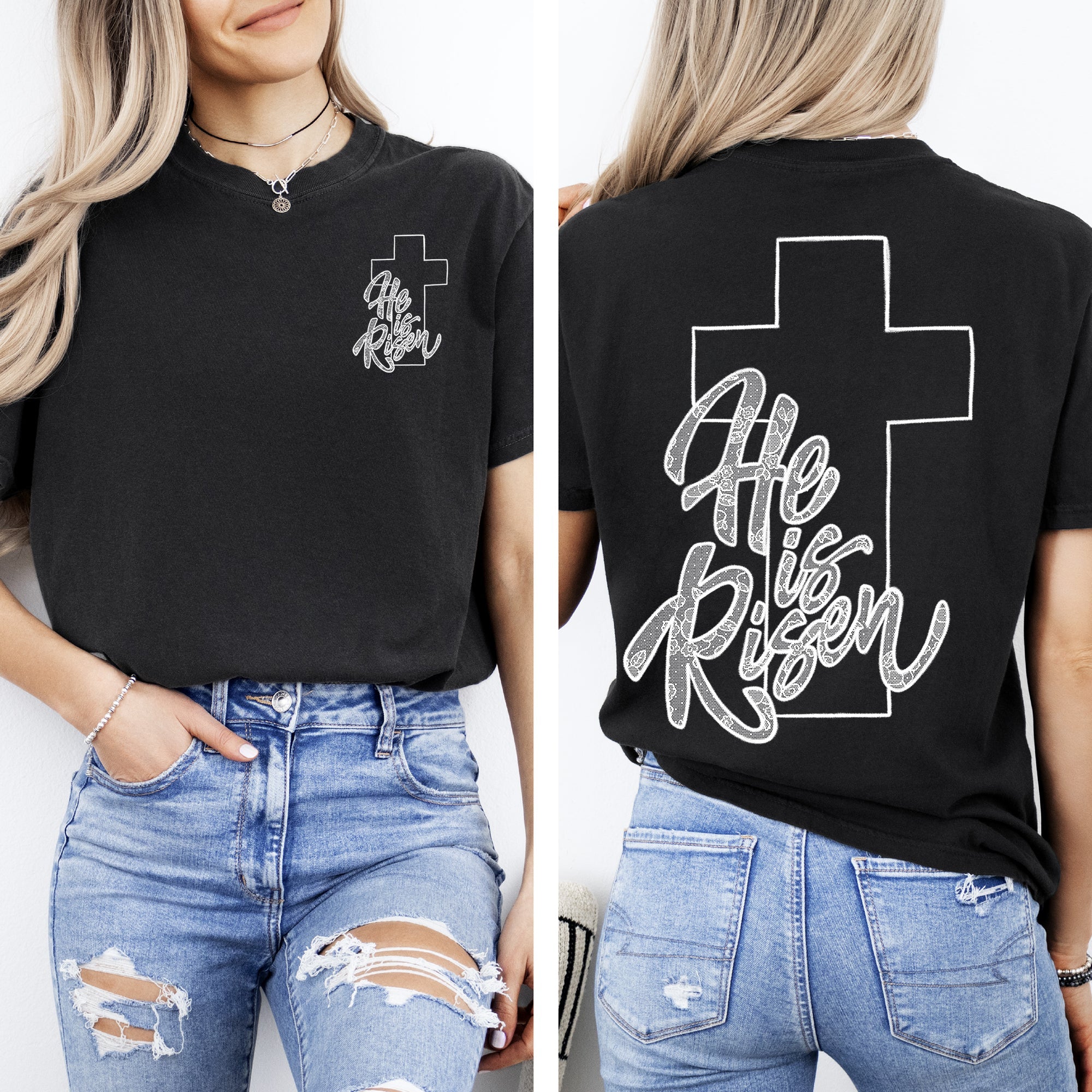 He Is Risen, Faux Lace, Girly, Cross, Coquette, Christian, Jesus, Gospel, Faith, Saved Tshirt Comfort Colors T-Shirt