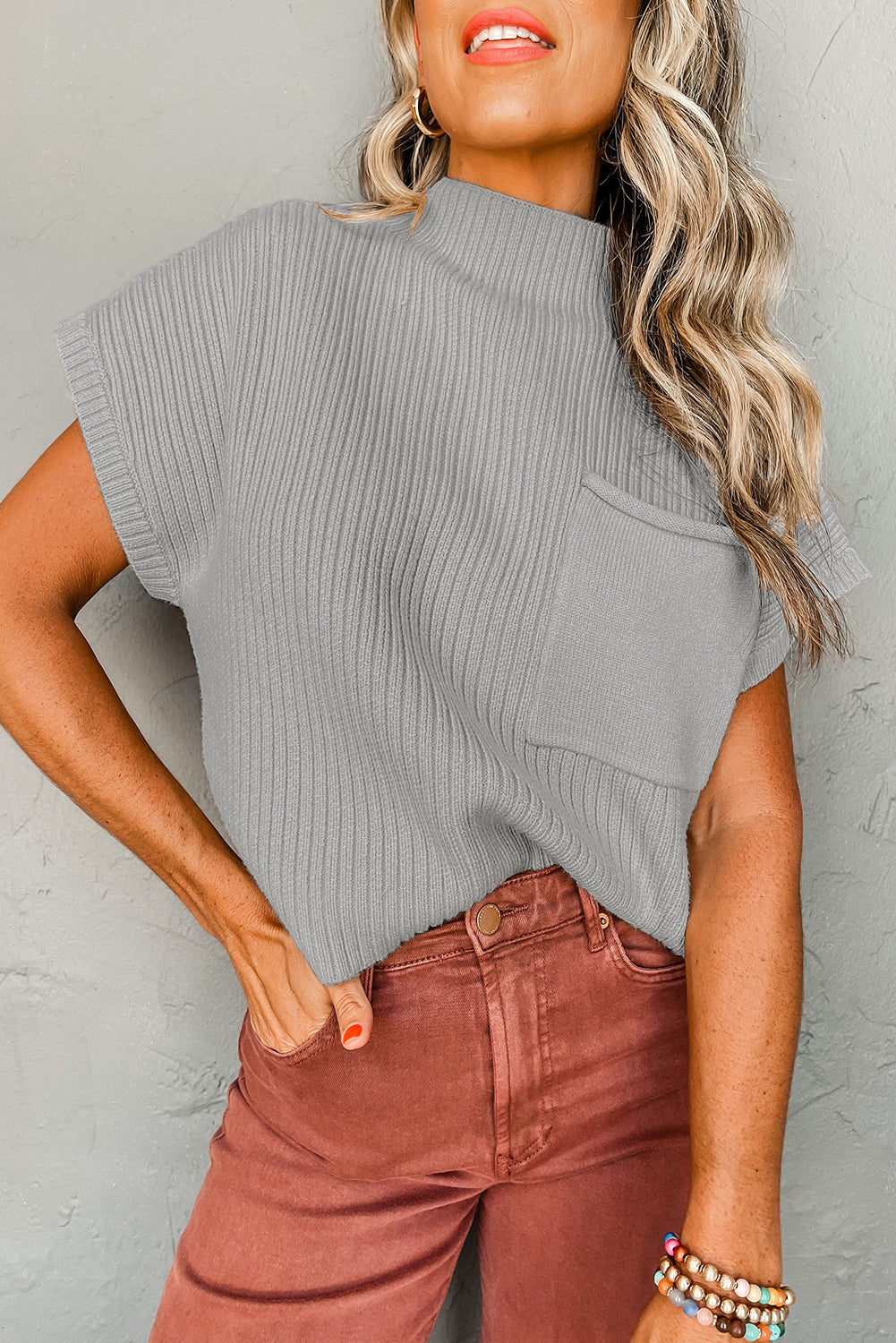 Ollie-Patch Pocket Ribbed Knit Short Sleeve Sweater