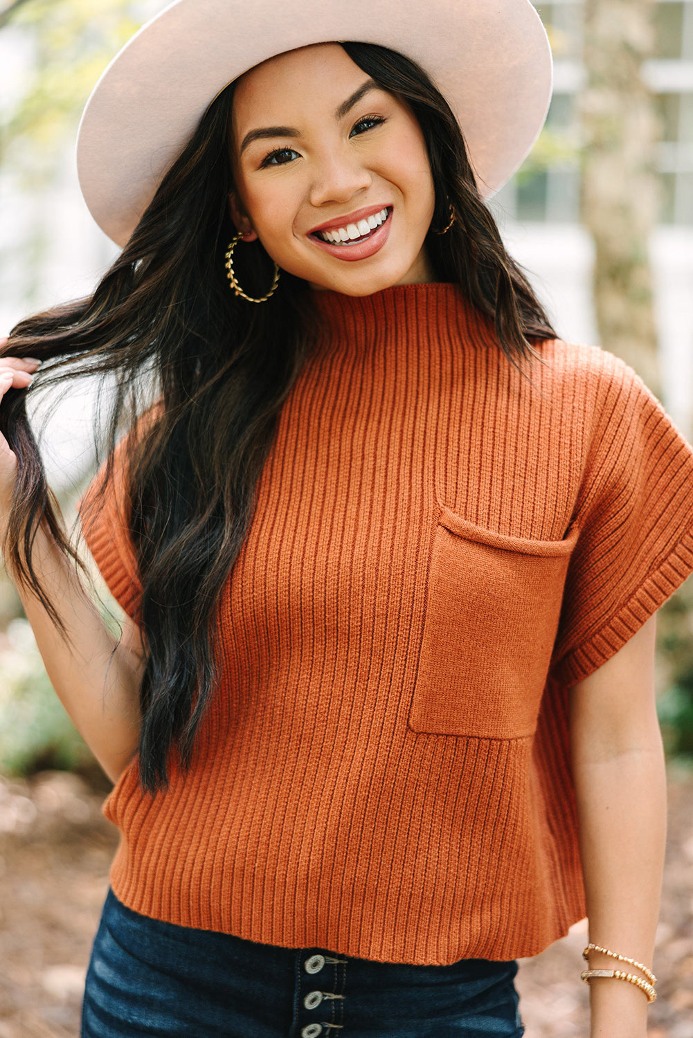 Ollie-Patch Pocket Ribbed Knit Short Sleeve Sweater