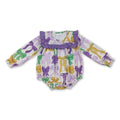 Purple yellow green bows baby girls Mardi Gras romper