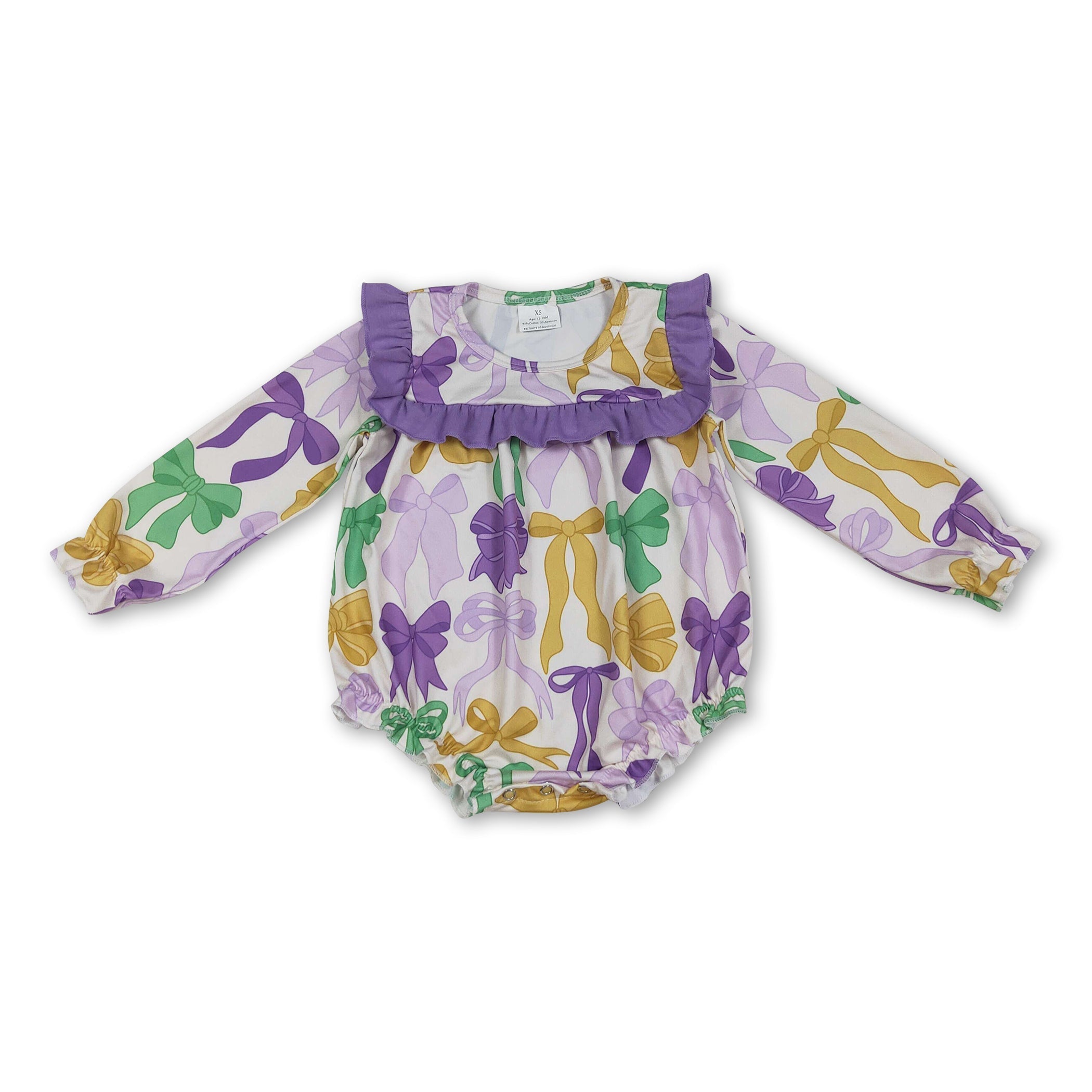Purple yellow green bows baby girls Mardi Gras romper