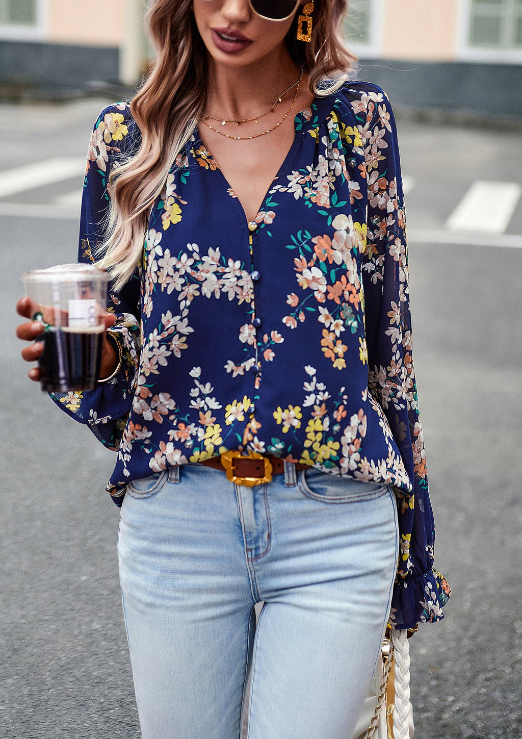 Nancy - Floral Button Down Long Sleeve Blouse